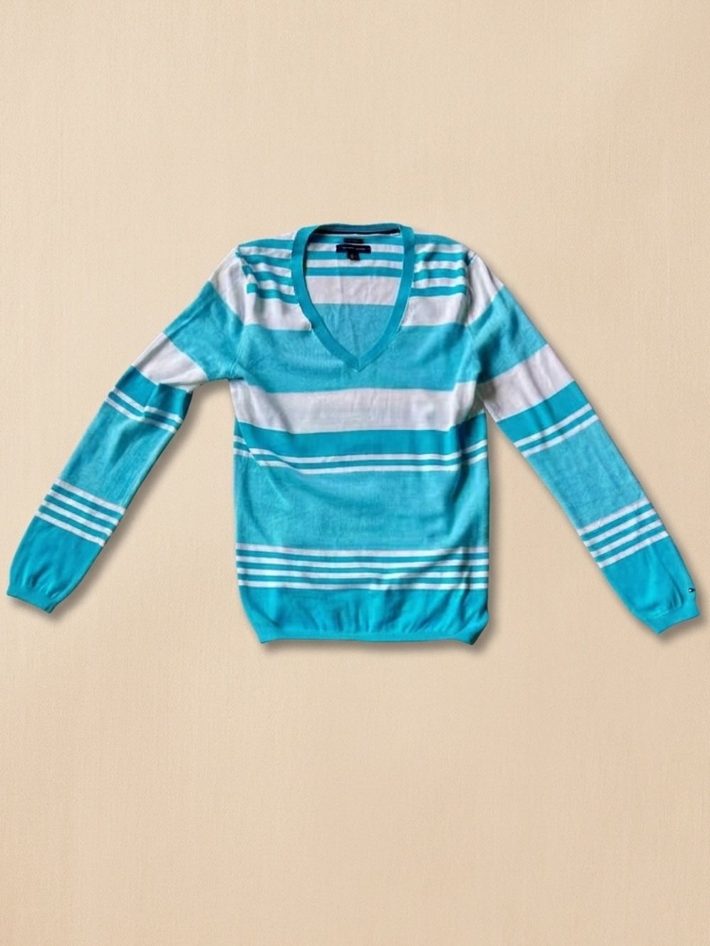 Tommy Hilfiger Pima Cotton Turquoise & White Striped V-Neck Sweater Petite Small